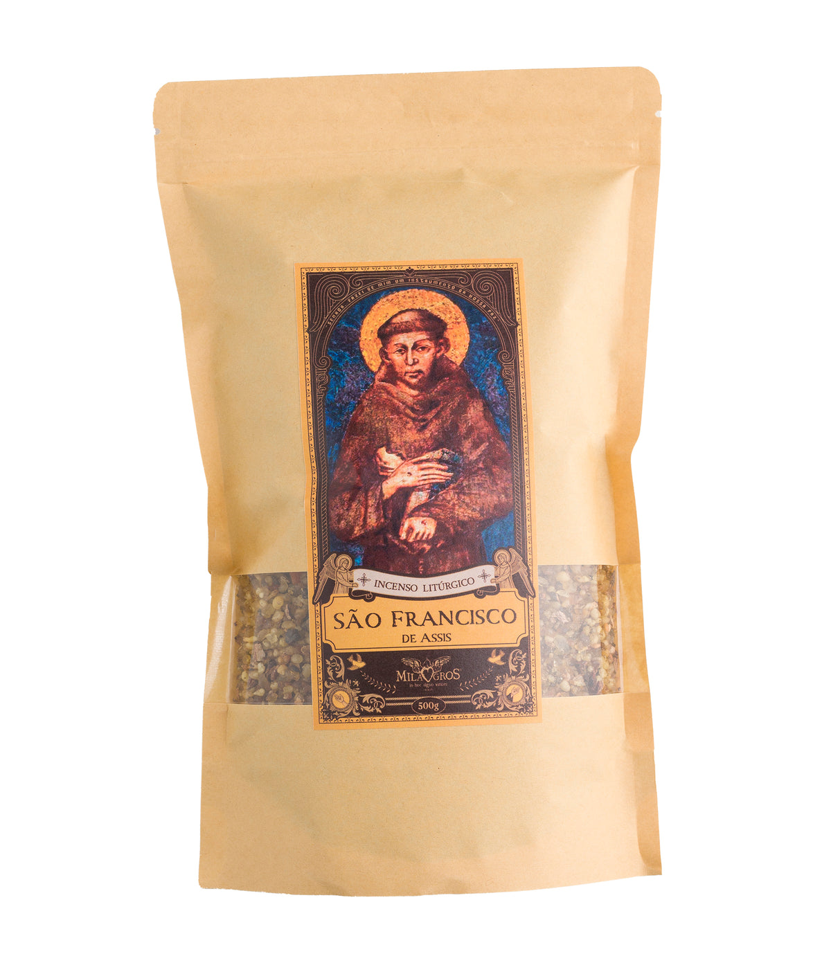 500g kraft refill pouch of Milagros Saint Francis of Assisi resin incense — olibanum, myrrh, and natural aromatic resins.