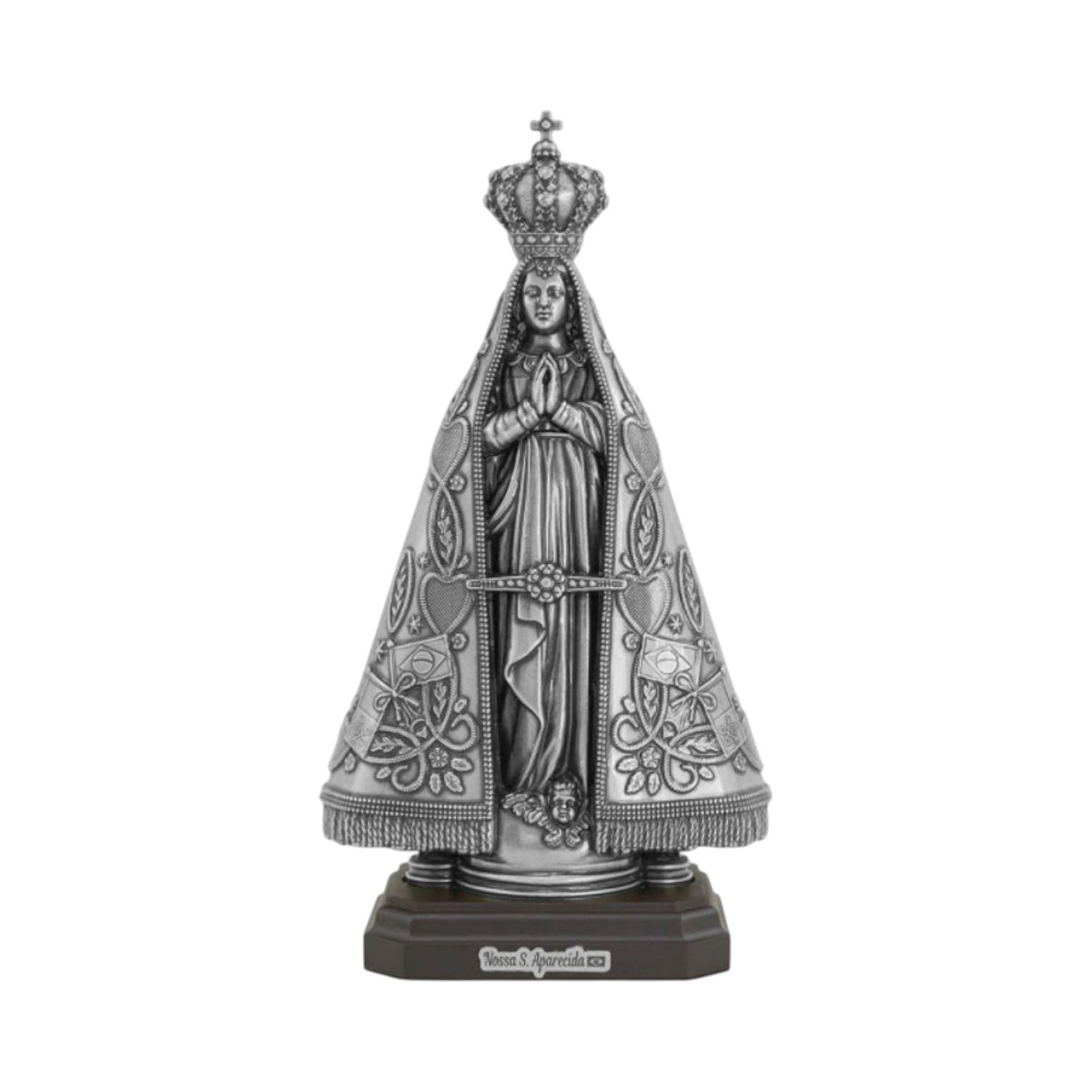 Our Lady of Aparecida Statue 9.1 in — Antique Silver Metal on Wood Base