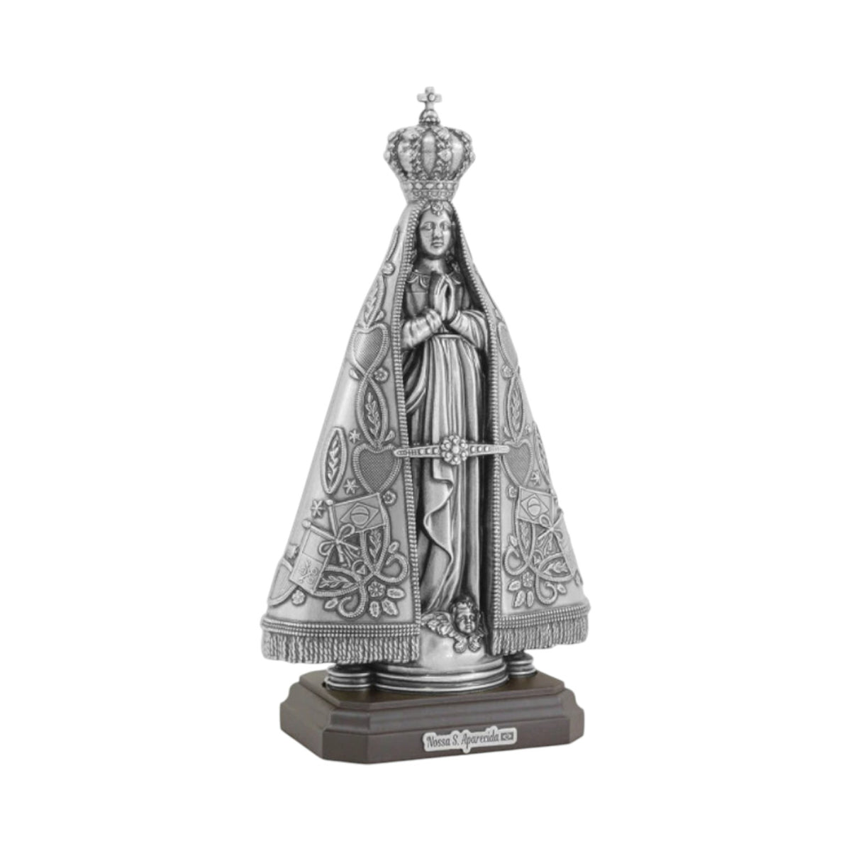 Our Lady of Aparecida Statue 9.1 in — Antique Silver Metal on Wood Base