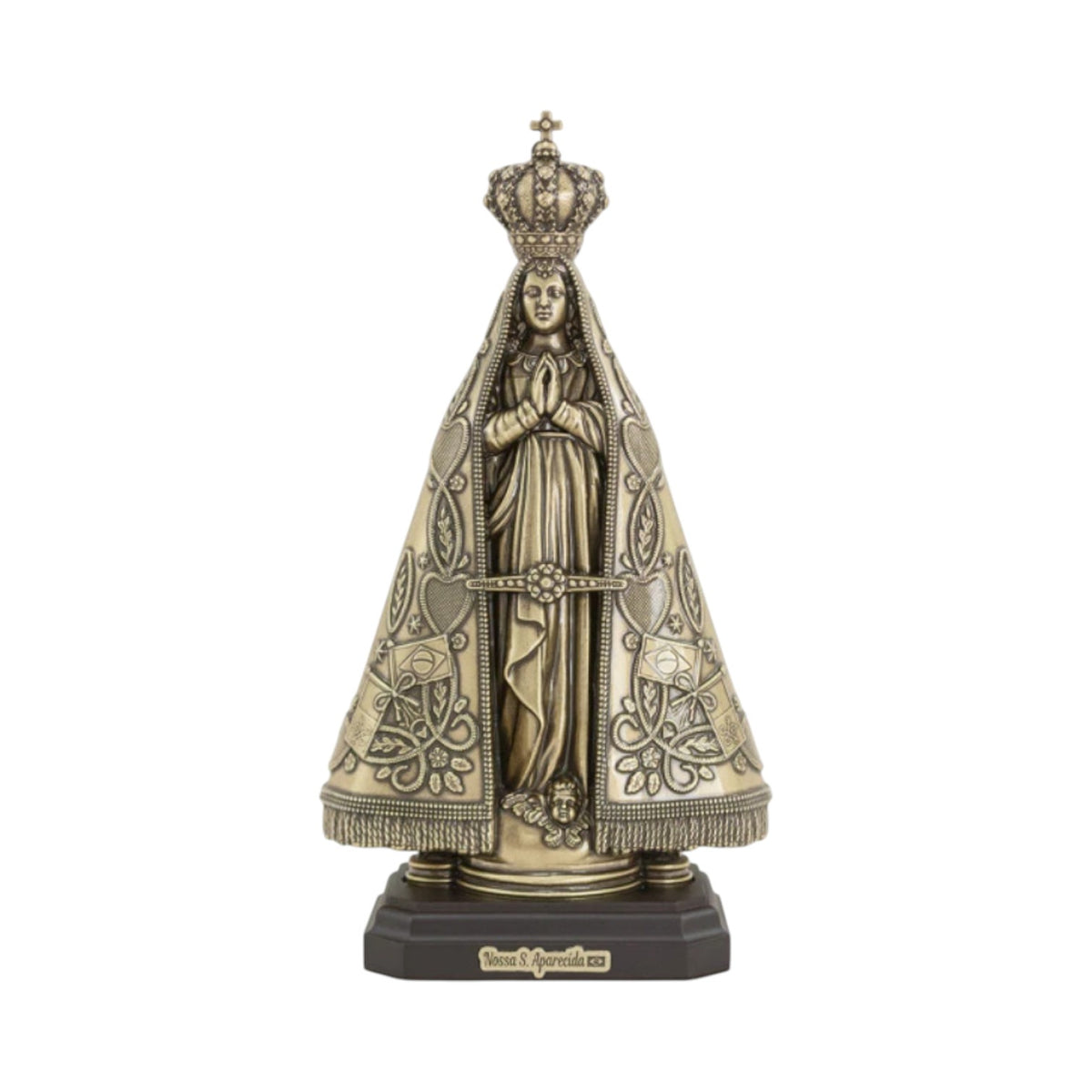 Our Lady of Aparecida Statue 9.8 in — Antique Gold Metal on Wood Base