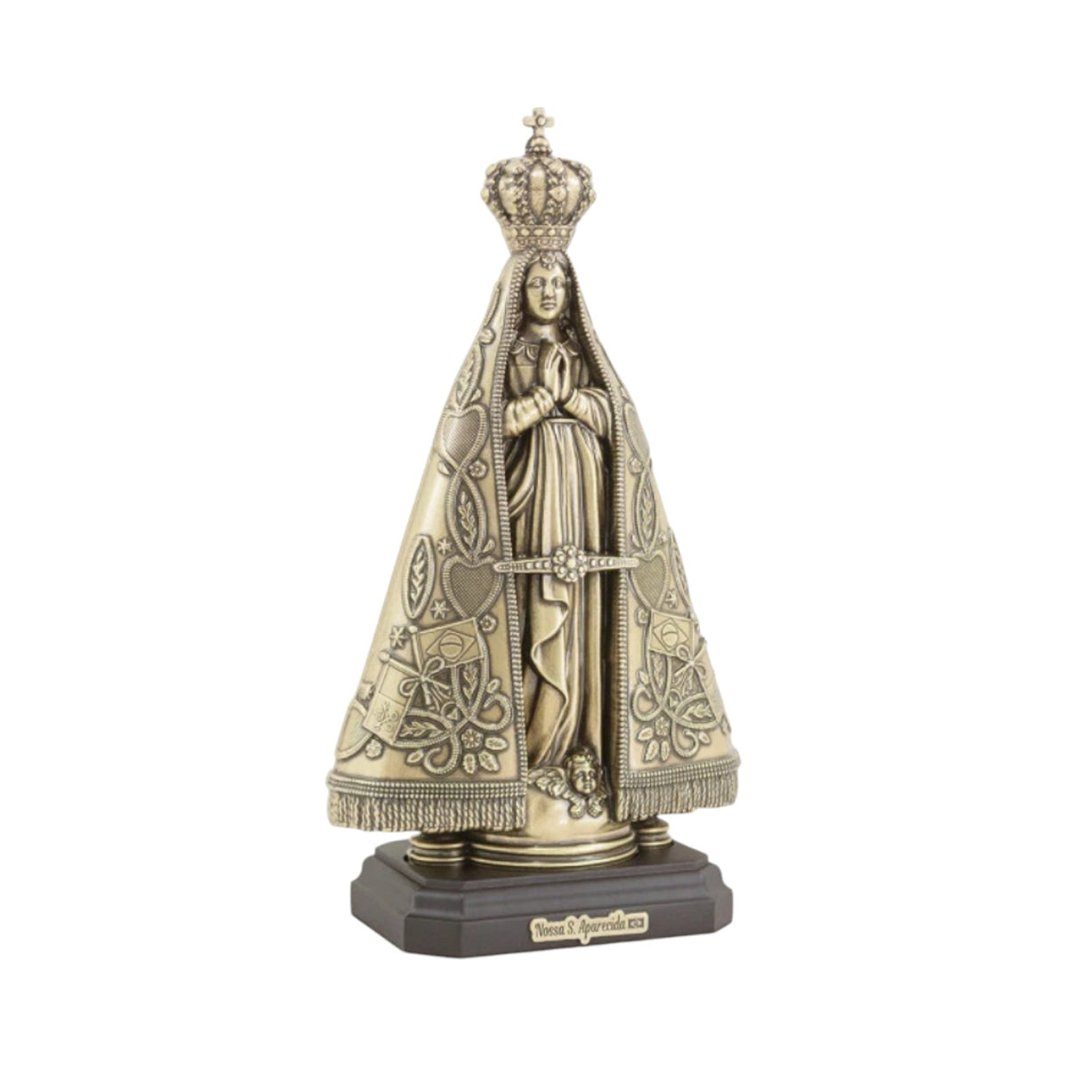 Our Lady of Aparecida Statue 9.8 in — Antique Gold Metal on Wood Base