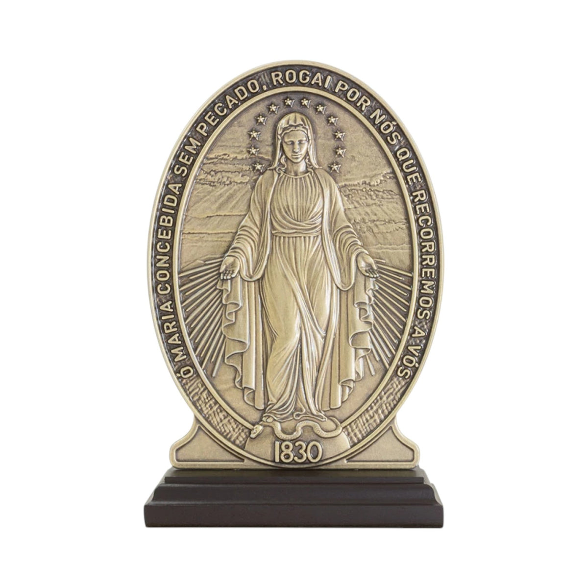 Our Lady of Grace Statue 7.5 in — Antique Gold Metal, Miraculous Medal Image