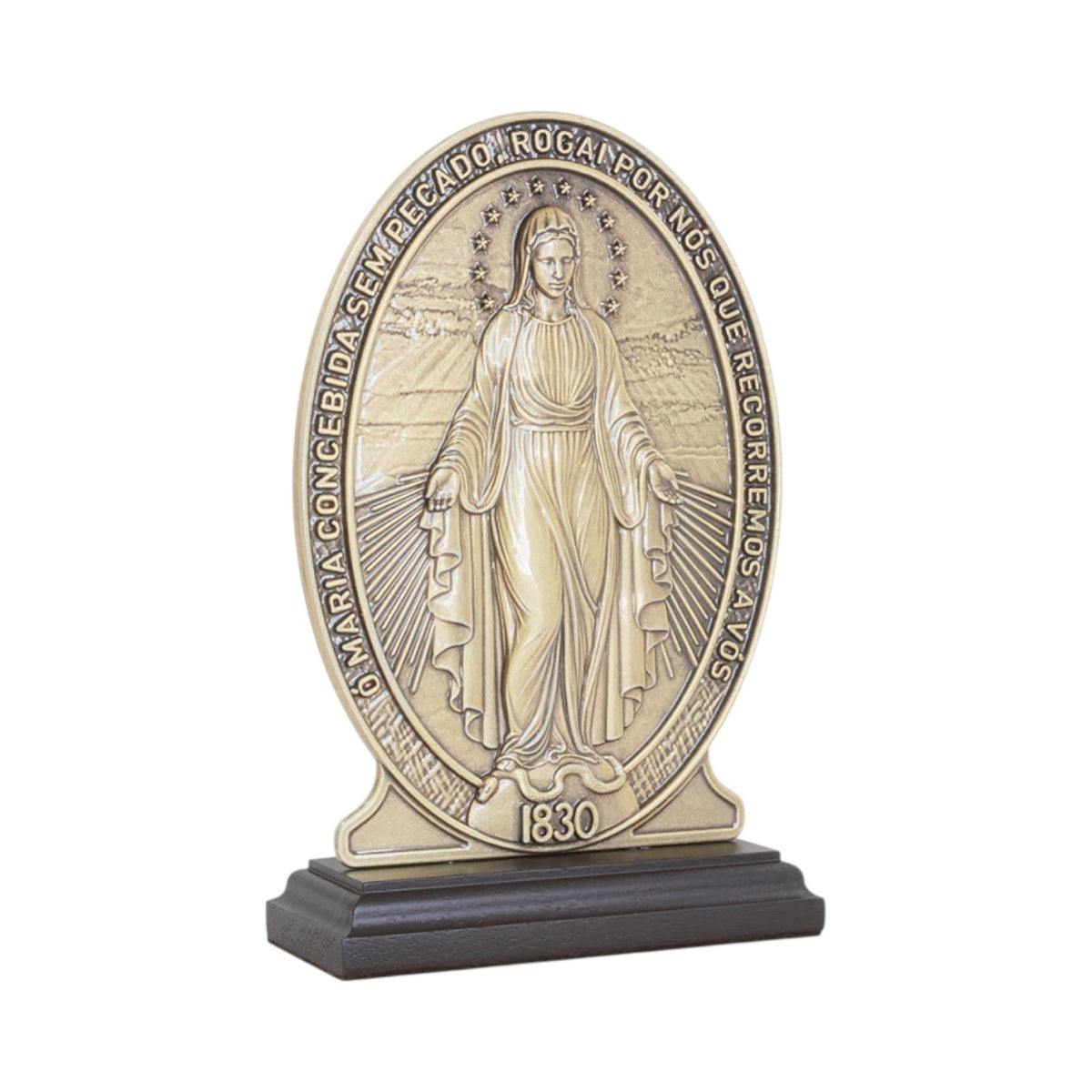 Our Lady of Grace Statue 7.5 in — Antique Gold Metal, Miraculous Medal Image