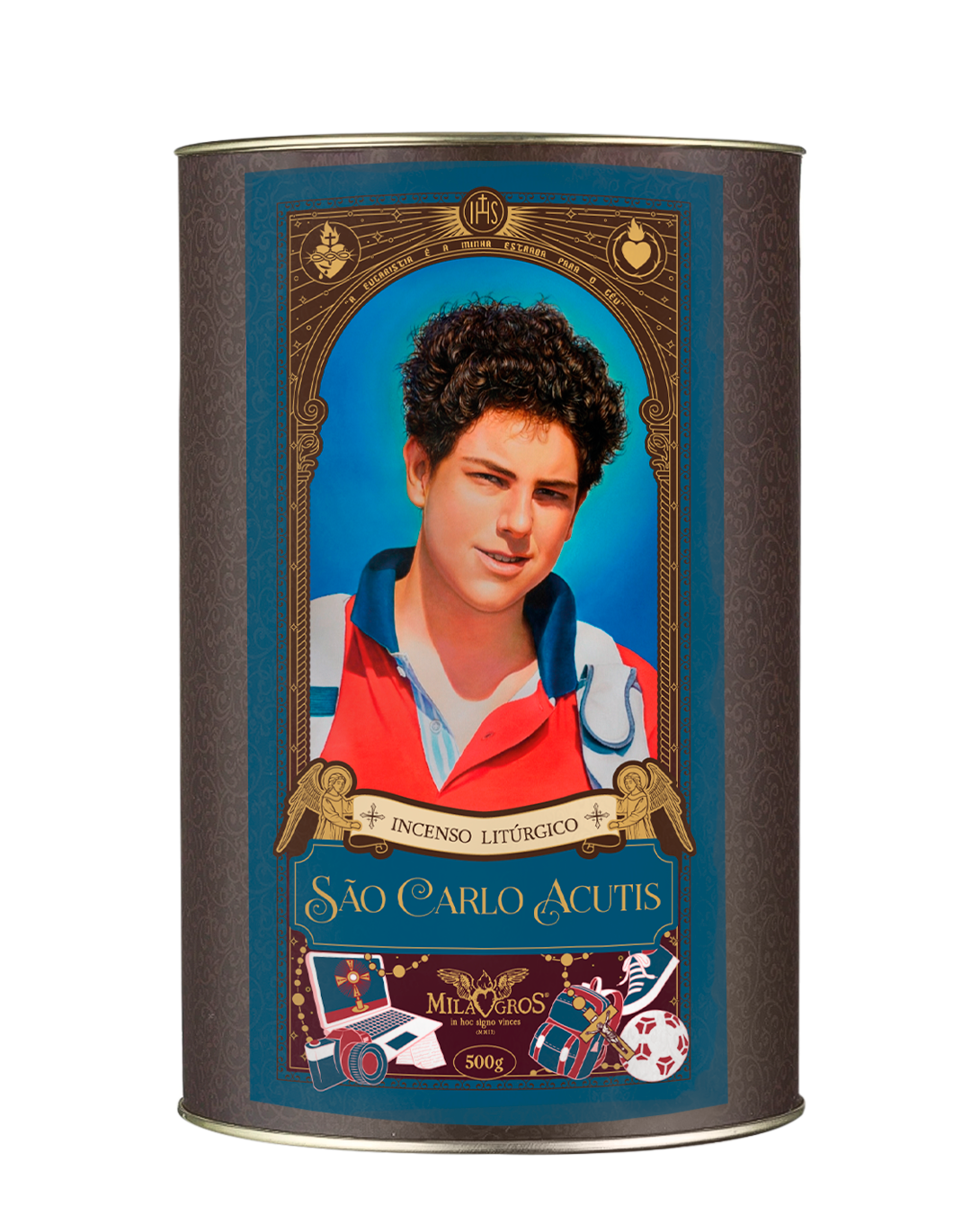 500g canister of Milagros Saint Carlo Acutis resin incense beside a pile of resin grains.