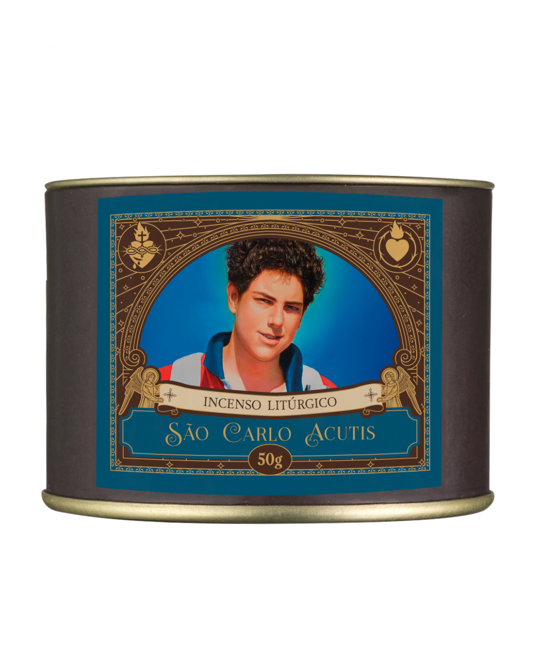 50g canister of Milagros Saint Carlo Acutis resin incense beside a pile of resin grains.