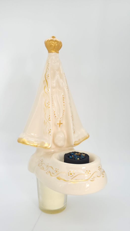 Our Lady of Aparecida Statue with Resin Incense Burner — 7.9 in, Cream Glazed Ceramic