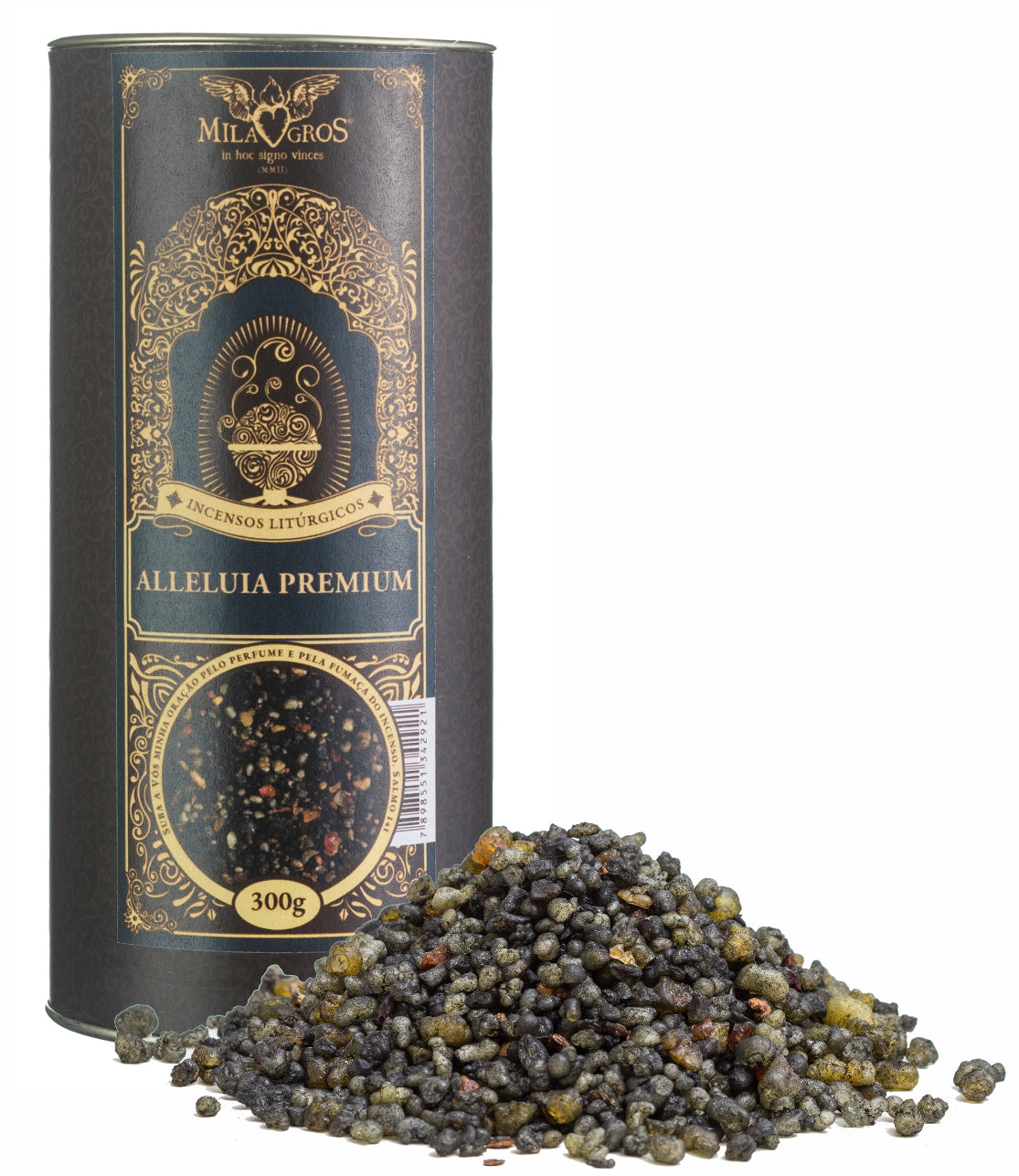 300g canister of Milagros Alleluia Premium resin incense beside a pile of resin grains.