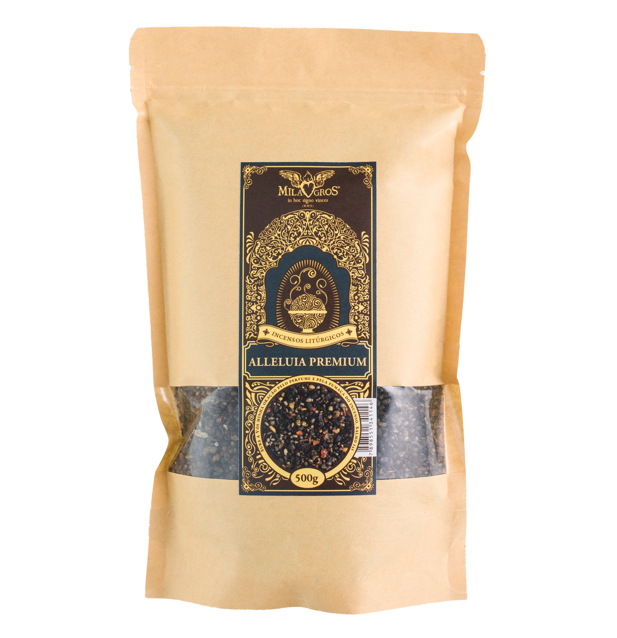 500g canister of Milagros Alleluia Premium resin incense beside a pile of resin grains.