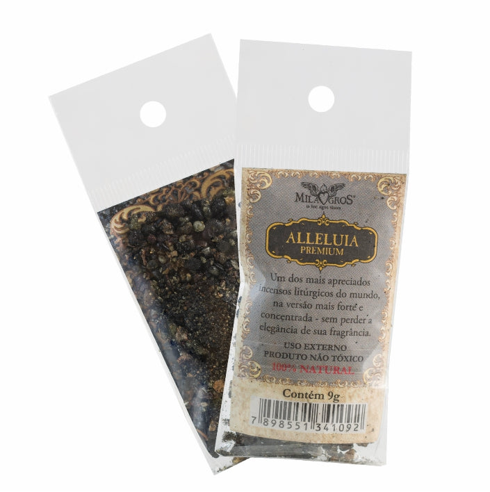 9g sachet of Milagros Alleluia Premium resin incense, shown front and back with devotional label.