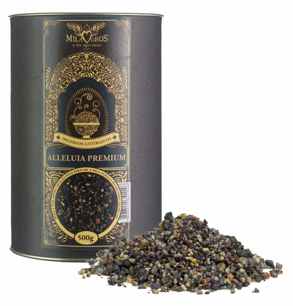 500g canister of Milagros Alleluia Premium resin incense beside a pile of resin grains.
