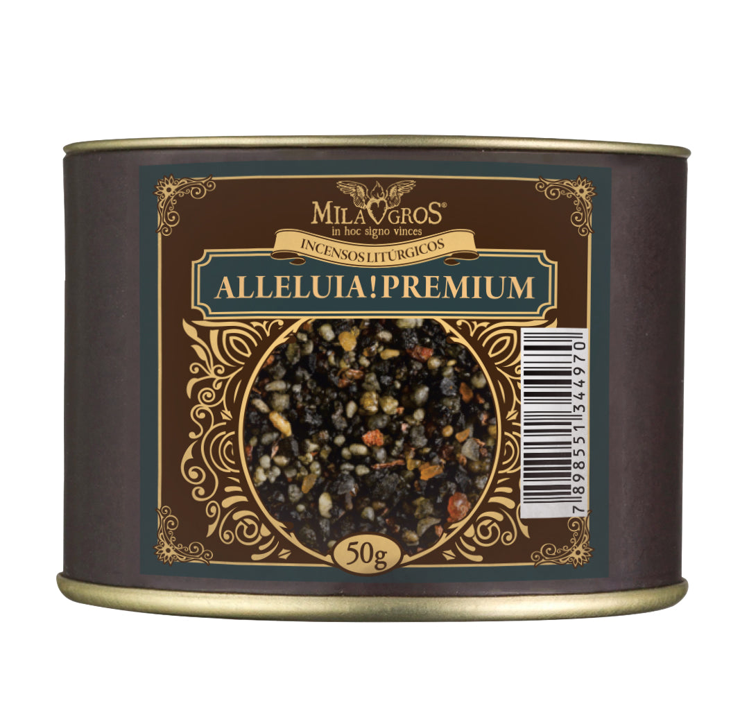 50g canister of Milagros Alleluia Premium resin incense beside a pile of resin grains.