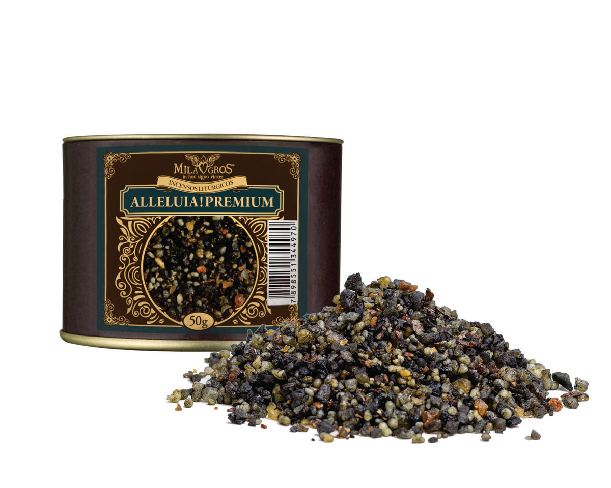 50g canister of Milagros Alleluia Premium resin incense beside a pile of resin grains.
