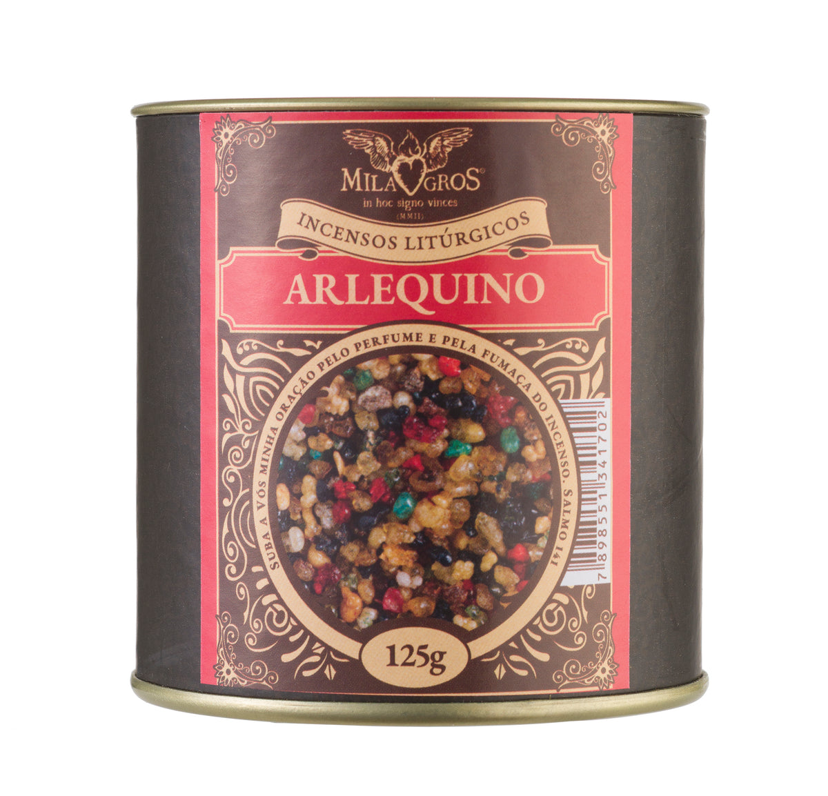 125g canister of Milagros Arlequino resin incense beside a pile of resin grains.