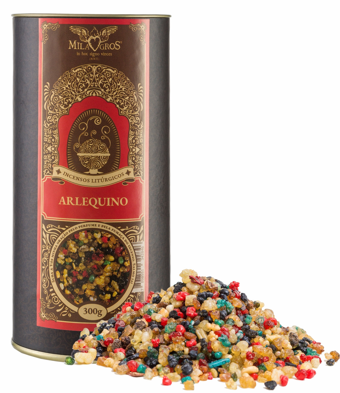 300g canister of Milagros Arlequino resin incense beside a pile of resin grains.