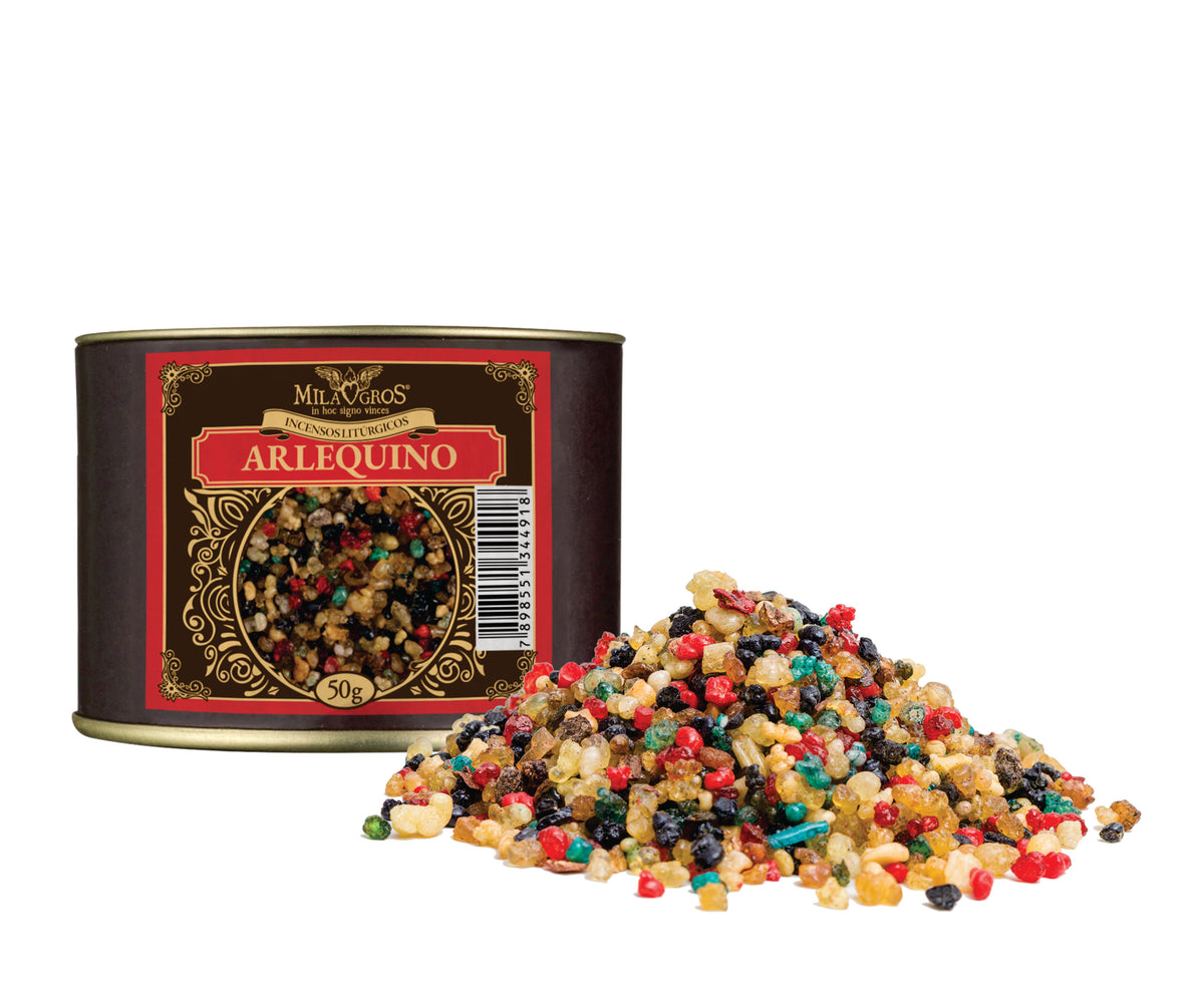 50g canister of Milagros Arlequino resin incense beside a pile of resin grains.