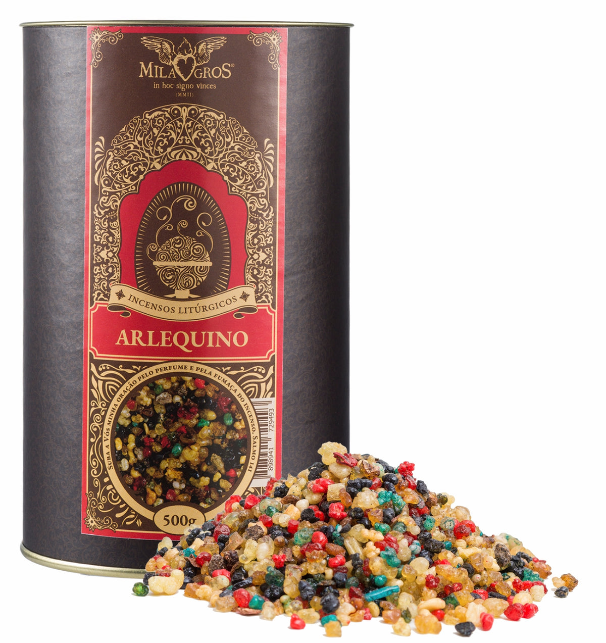 500g canister of Milagros Arlequino resin incense beside a pile of resin grains.