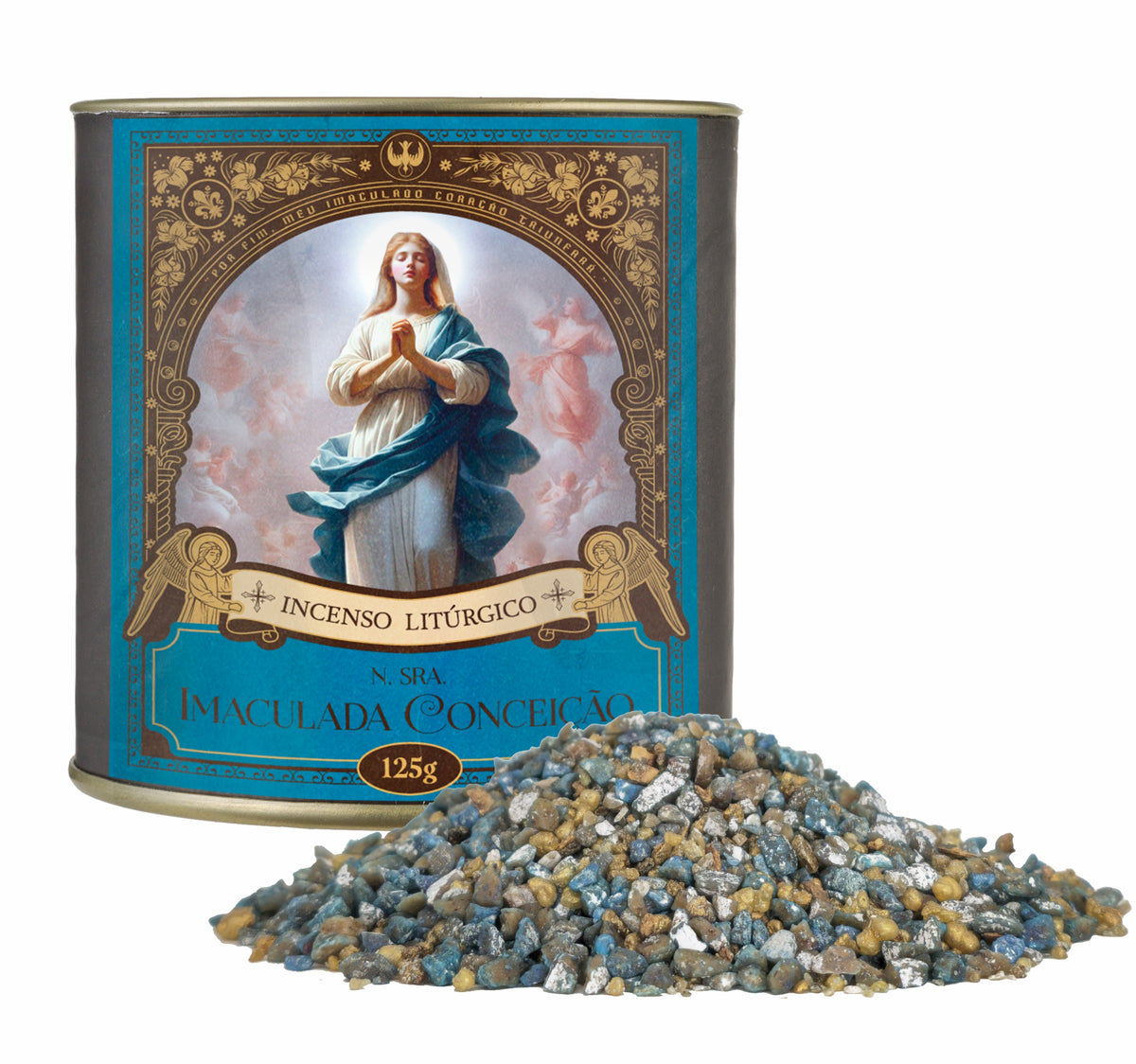 125g canister of Milagros Immaculate Conception resin incense beside a pile of resin grains.