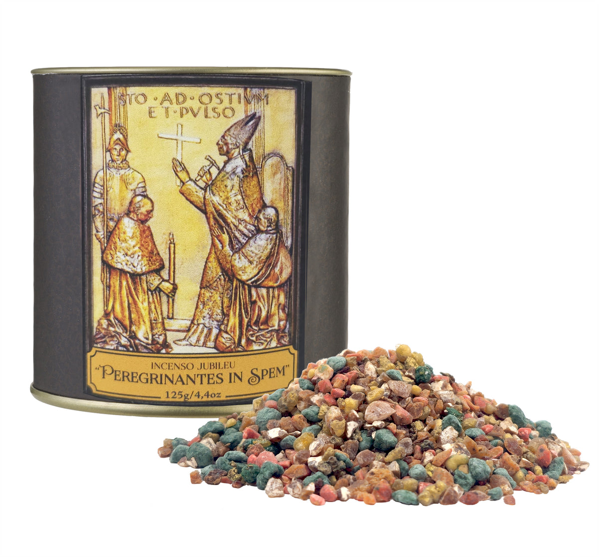 125g canister of Milagros Peregrinantes in Spem resin incense beside a pile of resin grains.