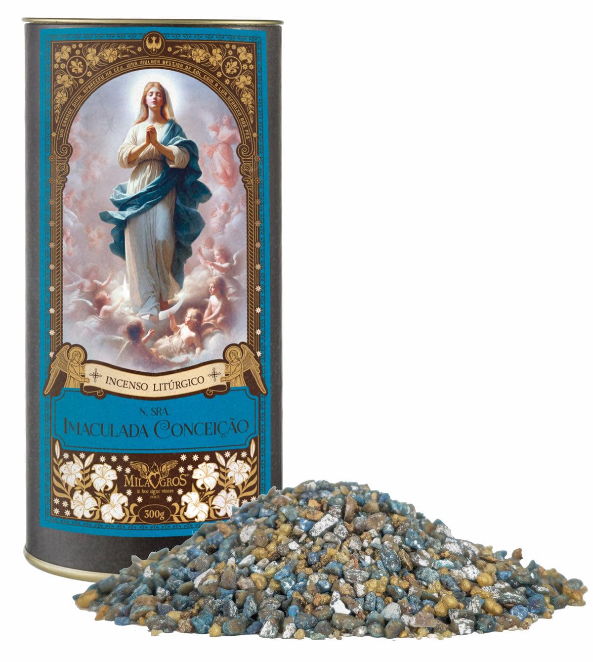 300g canister of Milagros Immaculate Conception resin incense beside a pile of resin grains.