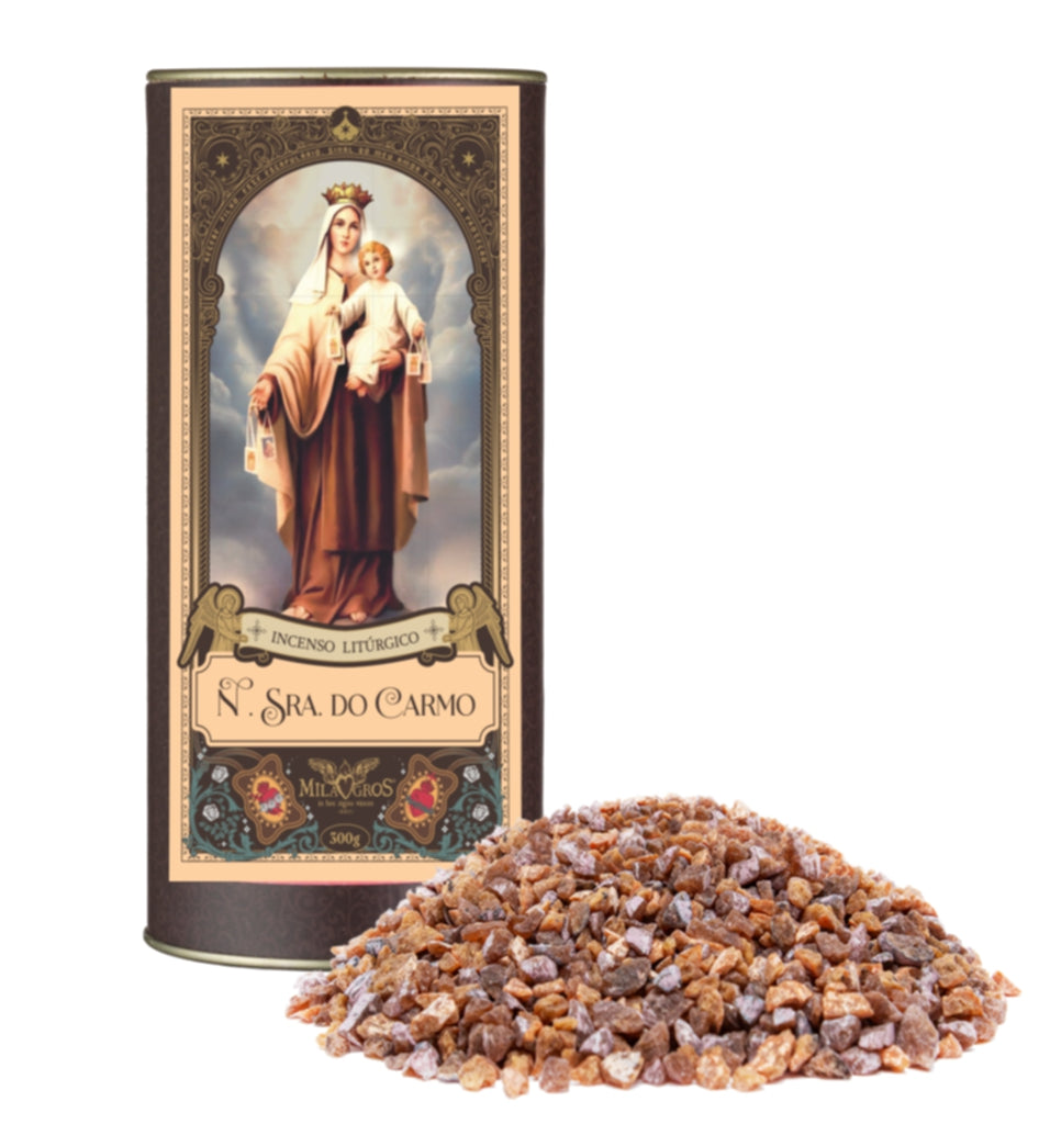 300g canister of Milagros Our Lady of Mount Carmel resin incense beside a pile of copper-colored Carmelite resin grains.