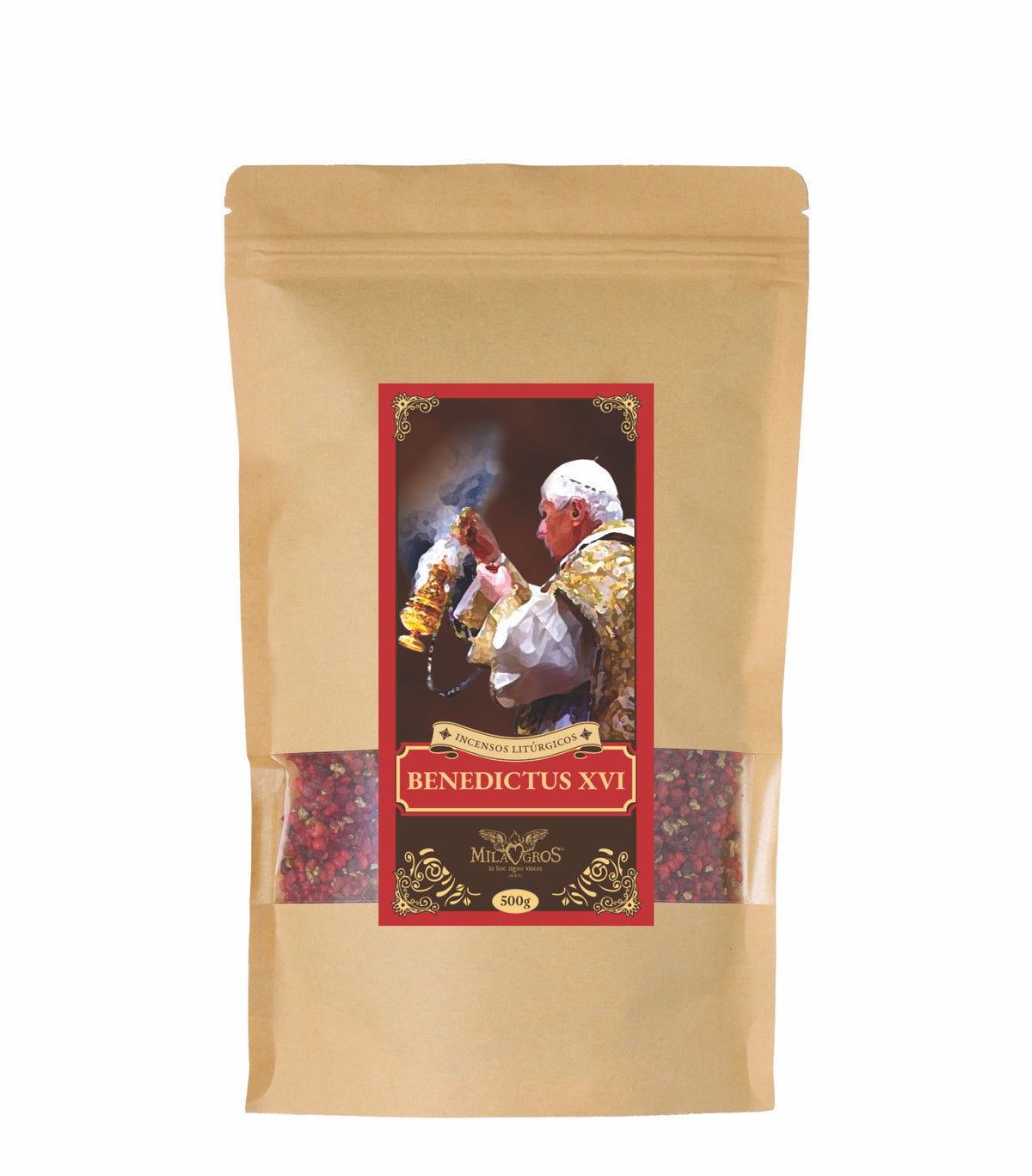 500g kraft refill pouch of Milagros Benedictus XVI resin incense — soft pontifical liturgical blend.