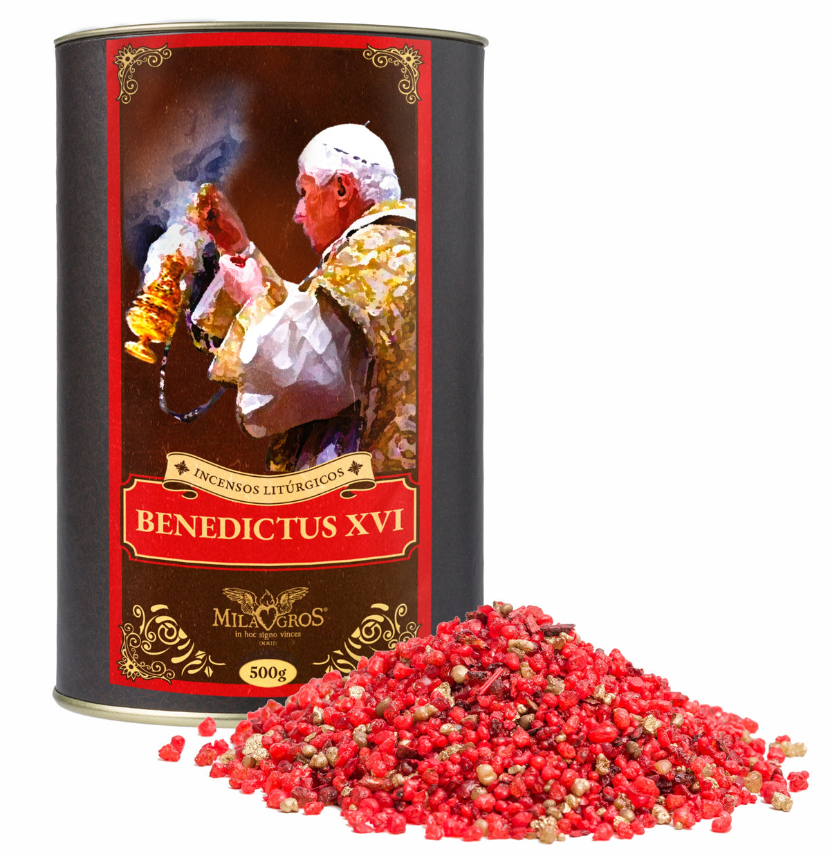 500g canister of Milagros Benedictus XVI resin incense beside a pile of resin grains.