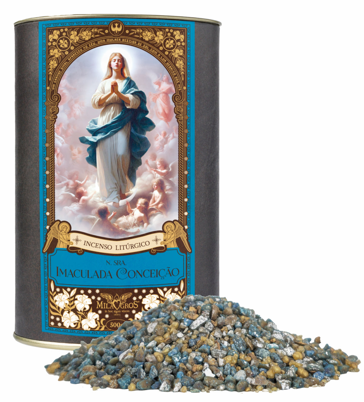 500g canister of Milagros Immaculate Conception resin incense beside a pile of resin grains.