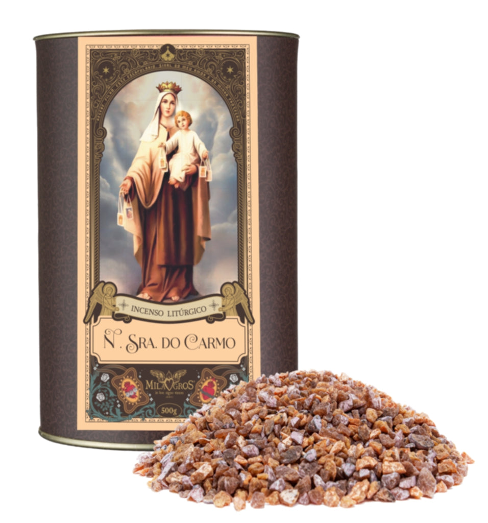 500g canister of Milagros Our Lady of Mount Carmel resin incense beside a pile of copper-colored Carmelite resin grains.