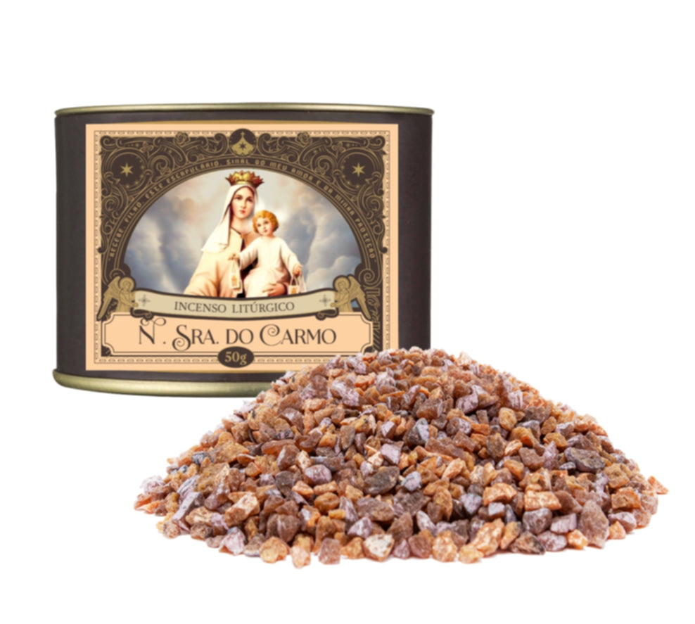 50g tin of Milagros Our Lady of Mount Carmel resin incense beside a pile of copper-colored Carmelite resin grains.