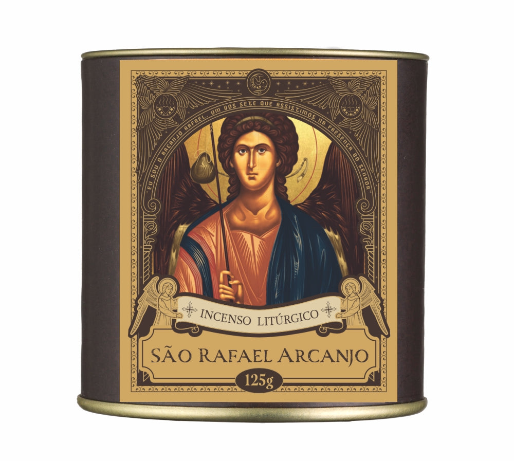 125g canister of Milagros Saint Raphael the Archangel resin incense beside a pile of resin grains.