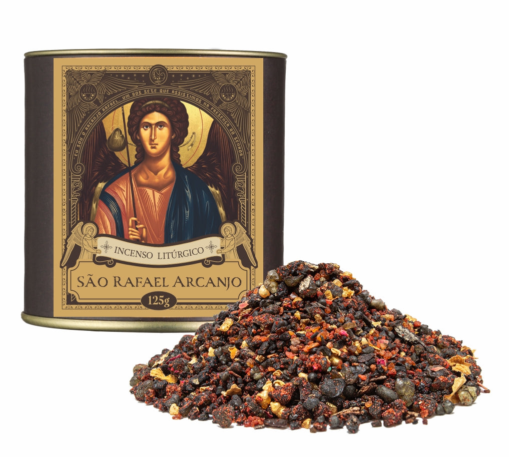 125g canister of Milagros Saint Raphael the Archangel resin incense beside a pile of resin grains.