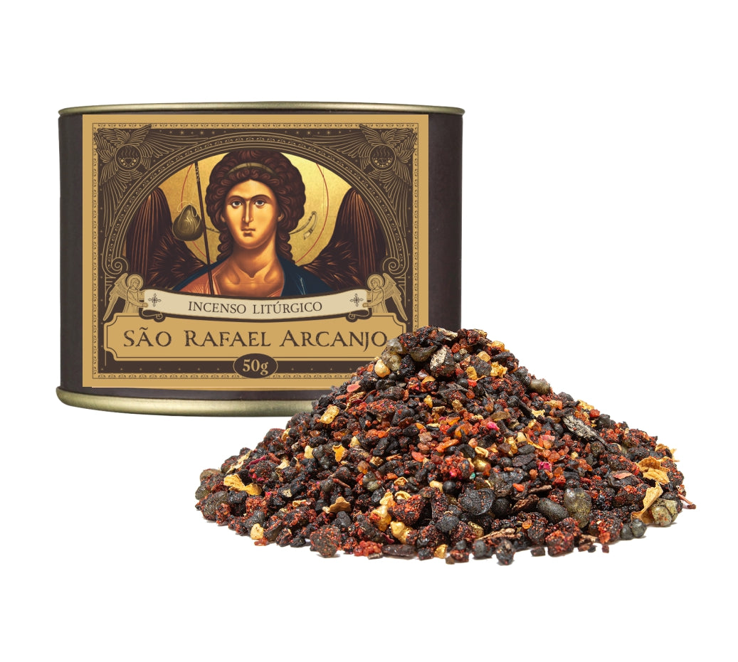 50g canister of Milagros Saint Raphael the Archangel resin incense beside a pile of resin grains.