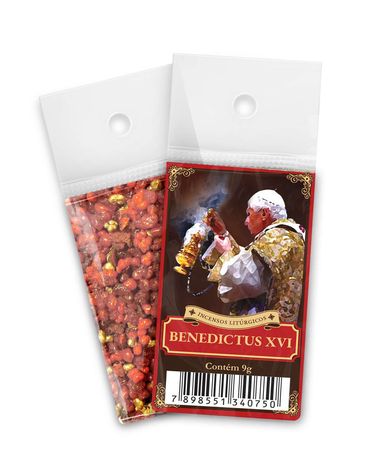 9g sachet of Milagros Benedictus XVI resin incense, shown front and back with devotional label.