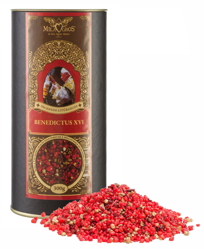 300g canister of Milagros Benedictus XVI resin incense beside a pile of resin grains.