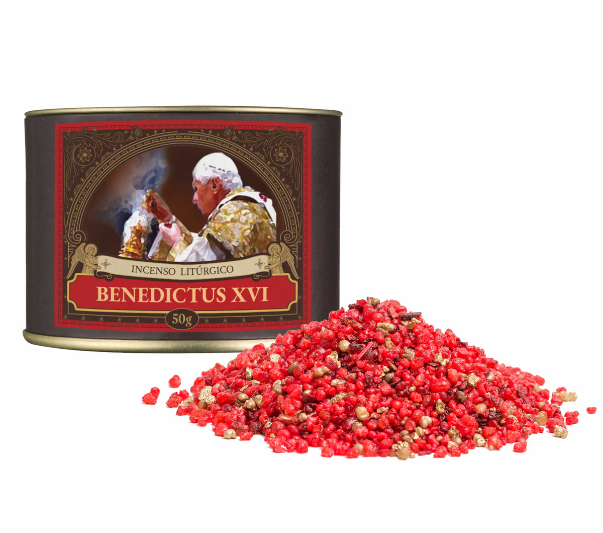 50g canister of Milagros Benedictus XVI resin incense beside a pile of resin grains.
