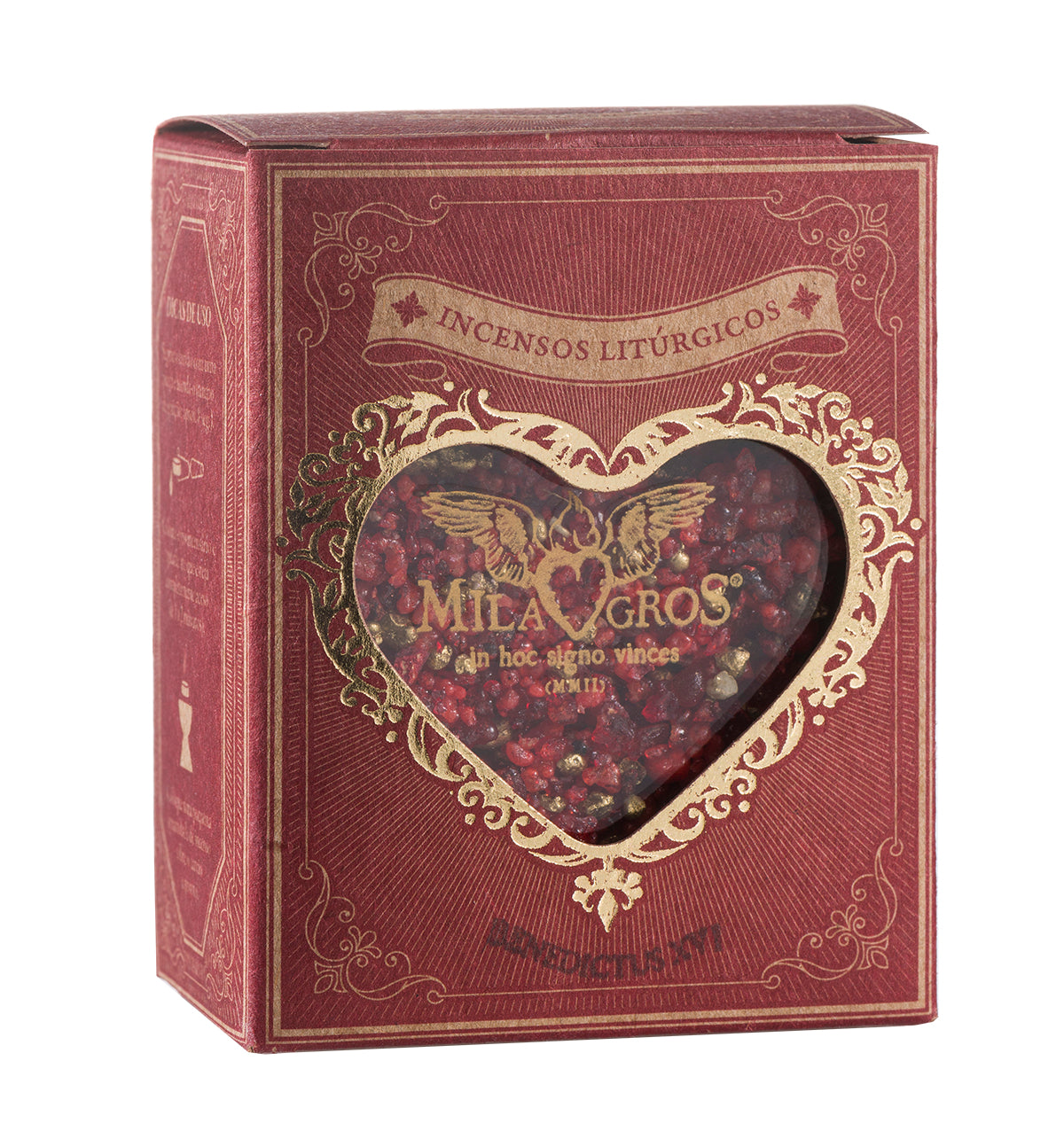 Heart-shaped Cuore glass jar (47g) of Milagros Benedictus XVI resin incense with cork stopper and gift box.