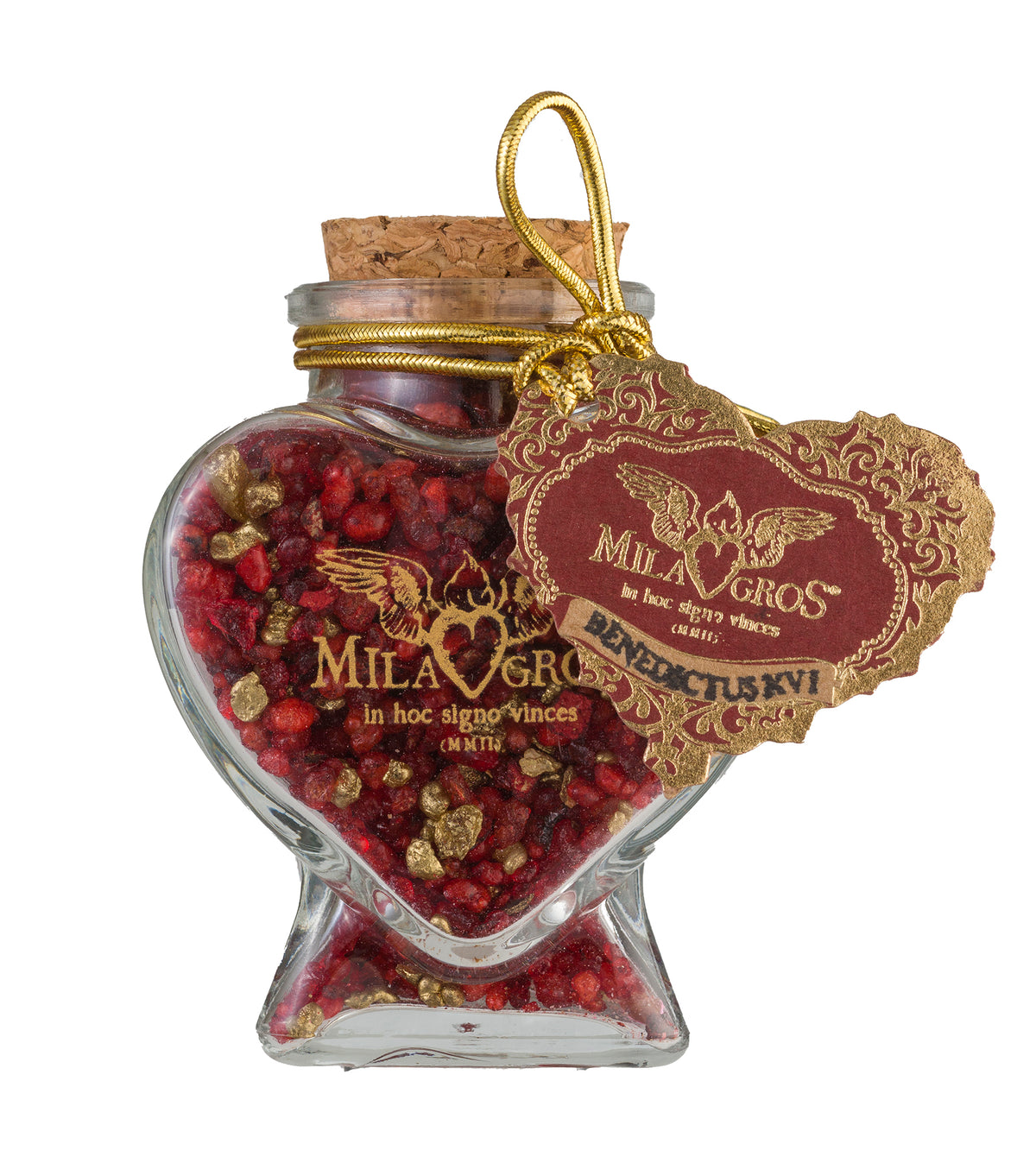 Heart-shaped Cuore glass jar (47g) of Milagros Benedictus XVI resin incense with cork stopper and gift box.