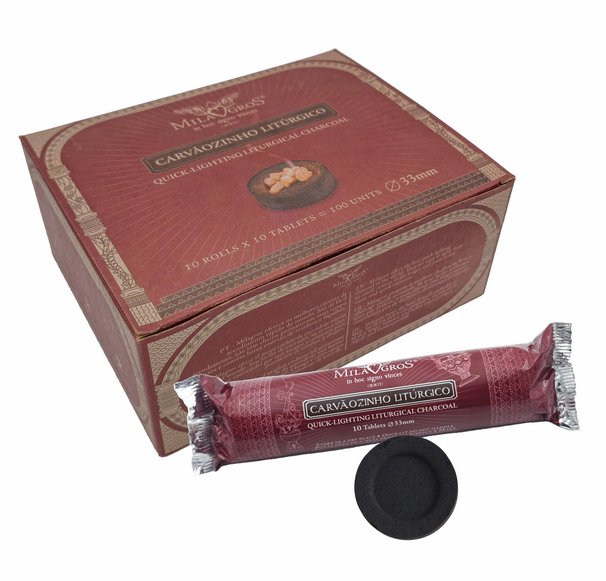 Box of 100 Milagros quick-light charcoal tablets, 1.3 in (33 mm)