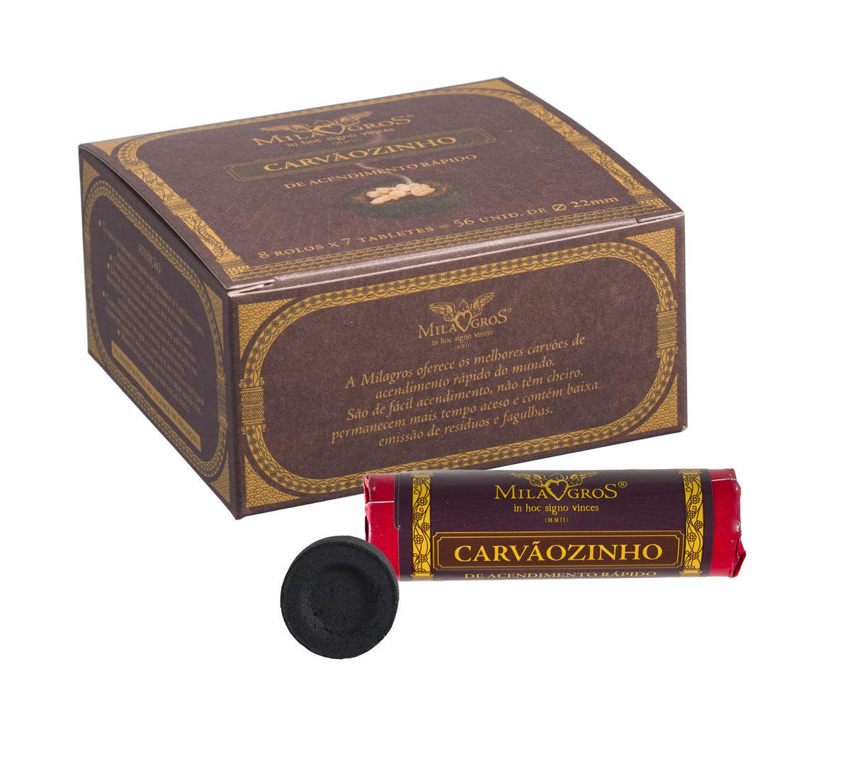 Box of 56 Milagros quick-light charcoal tablets, 0.9 in (22 mm)