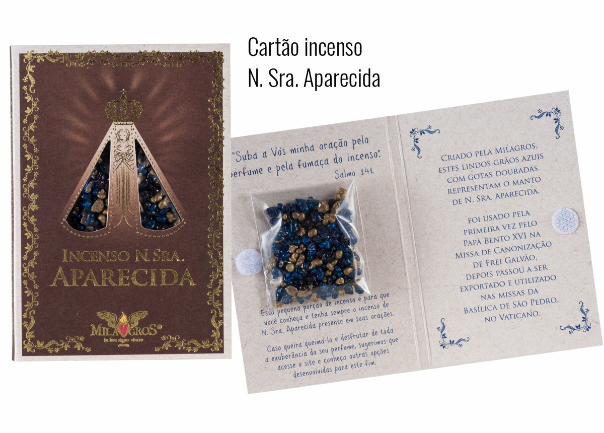 Devotional prayer card with a sample sachet of Milagros Our Lady Aparecida resin incense.
