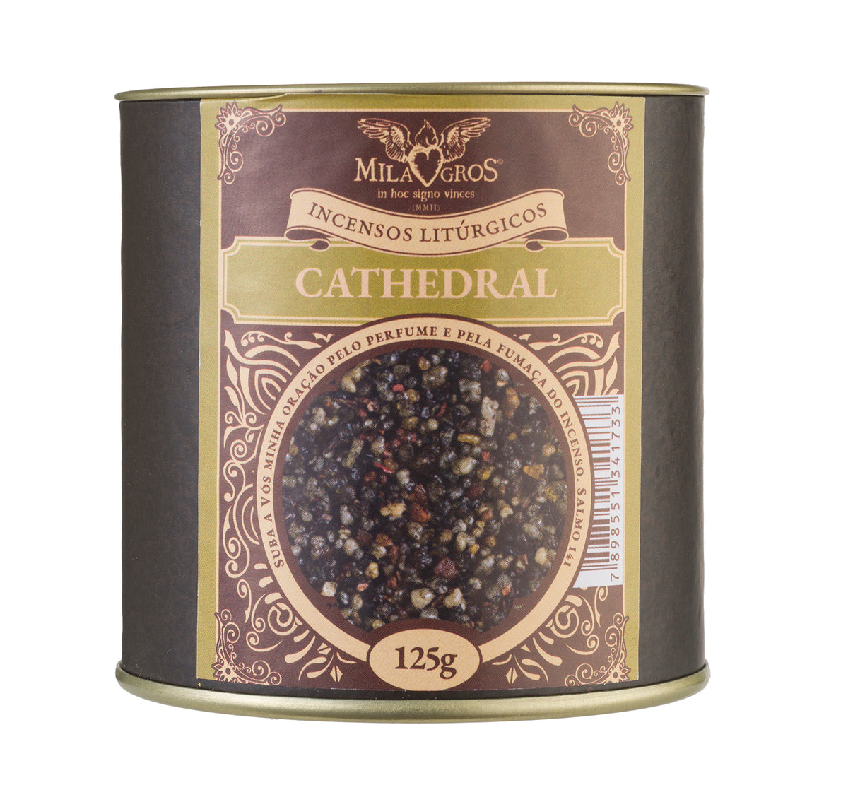 125g canister of Milagros Cathedral resin incense beside a pile of resin grains.