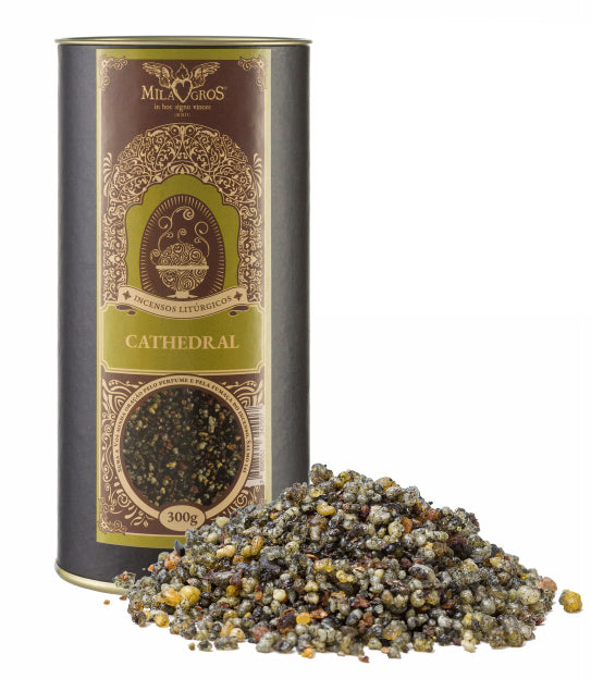 300g canister of Milagros Cathedral resin incense beside a pile of resin grains.