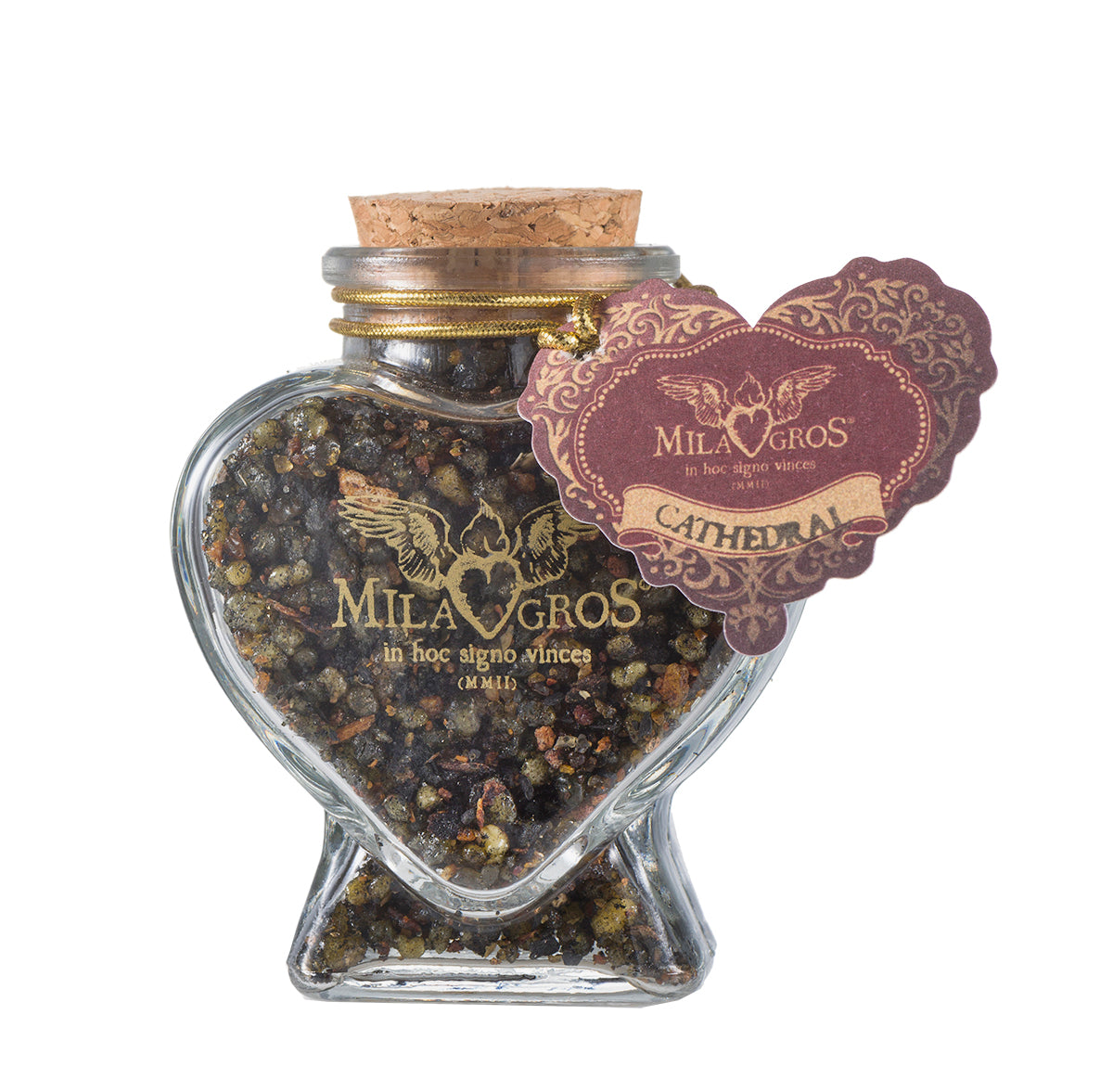 Heart-shaped Cuore glass jar (47g) of Milagros Cathedral resin incense with cork stopper and gift box.