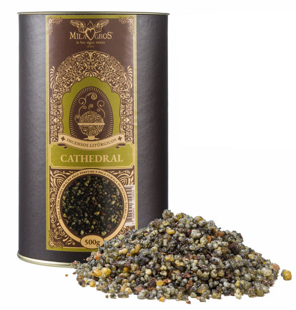 500g canister of Milagros Cathedral resin incense beside a pile of resin grains.