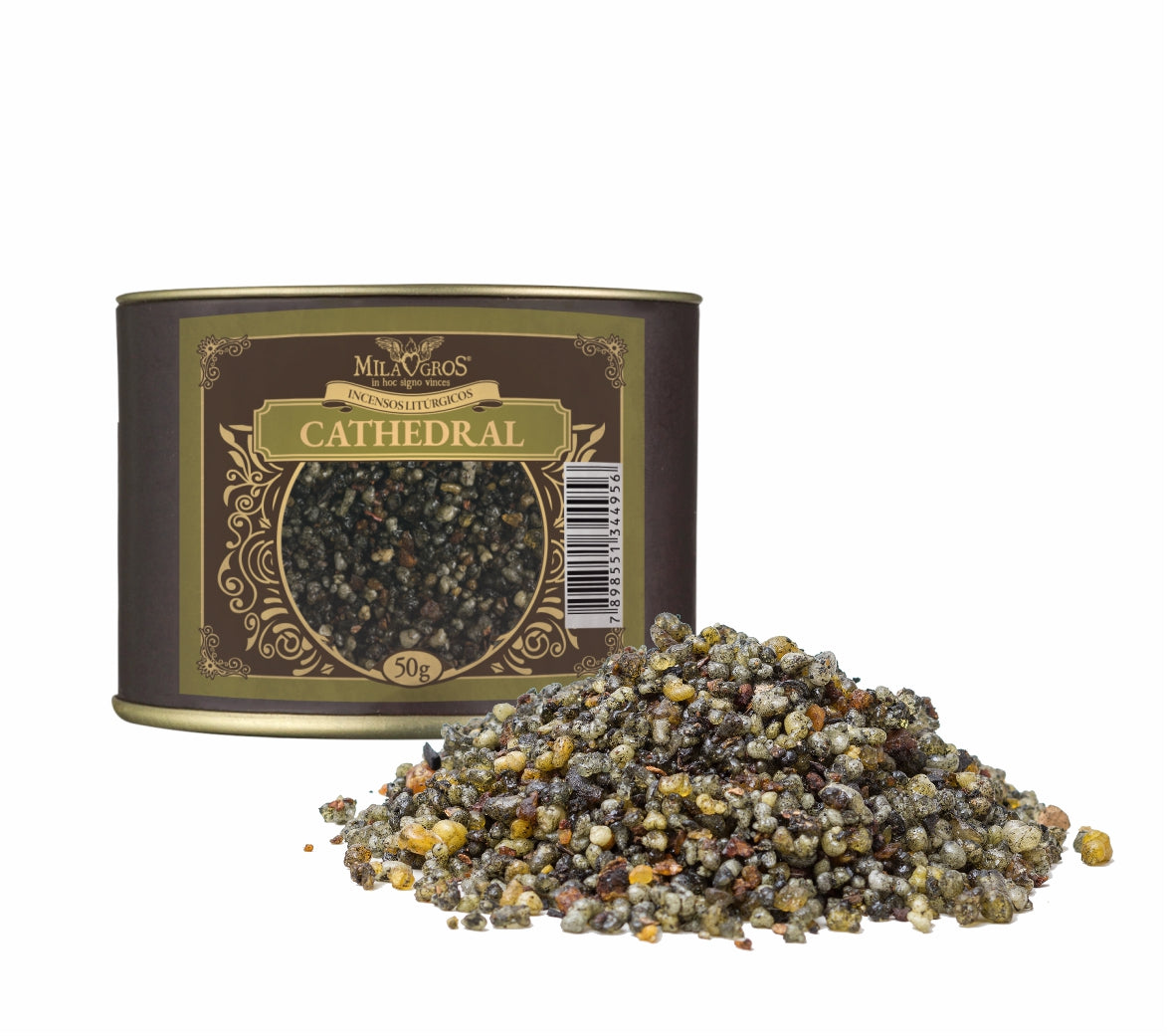 50g canister of Milagros Cathedral resin incense beside a pile of resin grains.