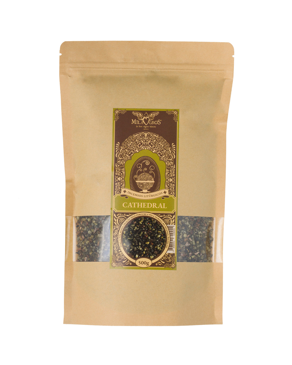 500g kraft refill pouch of Milagros Cathedral resin incense — full-bodied, penetrating, slightly mentholated.