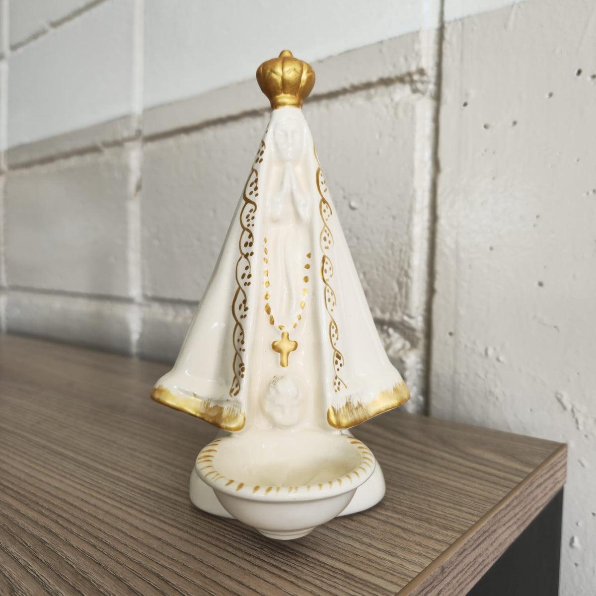 Our Lady of Aparecida Statue with Resin Incense Burner — 7.9 in, Cream Glazed Ceramic