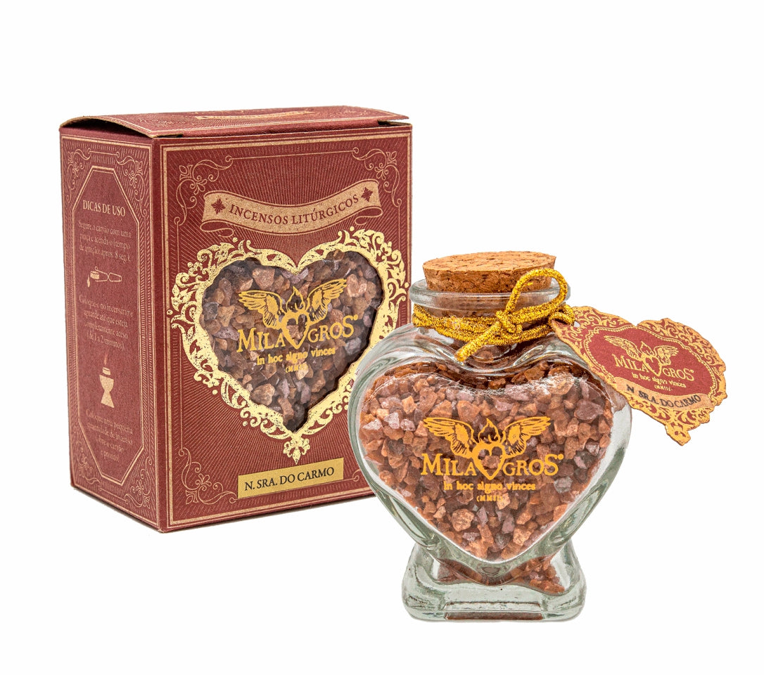 Heart-shaped Cuore glass jar (47g) of Milagros Our Lady of Mount Carmel resin incense with cork stopper and gift box.