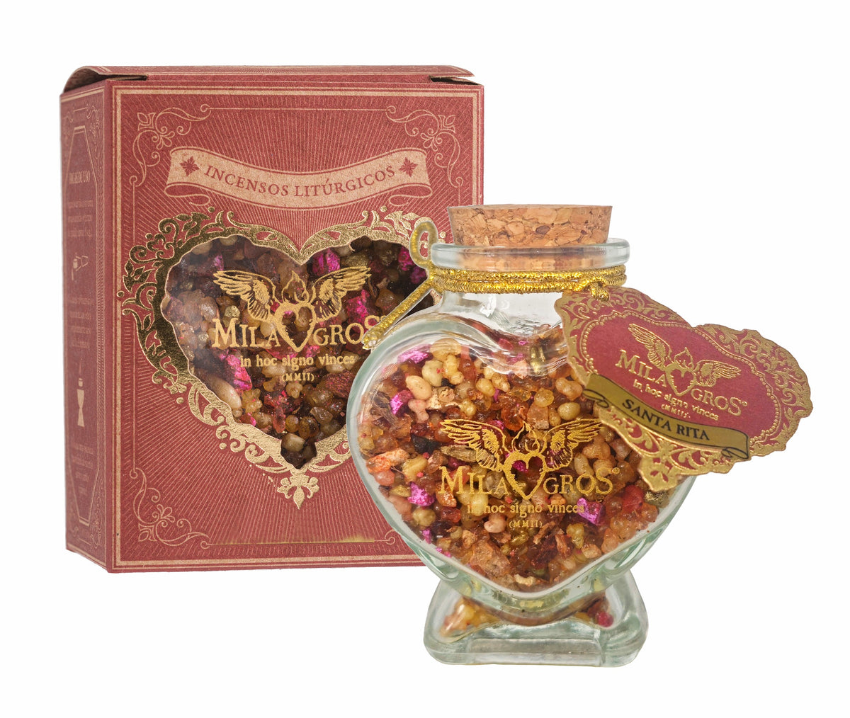 Heart-shaped Cuore glass jar (47g) of Milagros Saint Rita of Cascia resin incense with cork stopper and gift box.