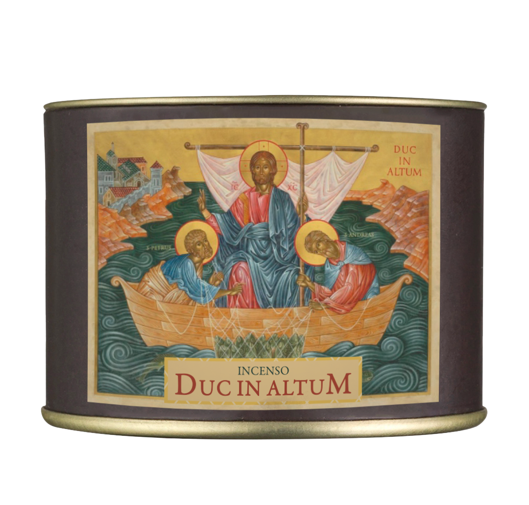 50g canister of Milagros Duc in Altum resin incense beside a pile of resin grains.